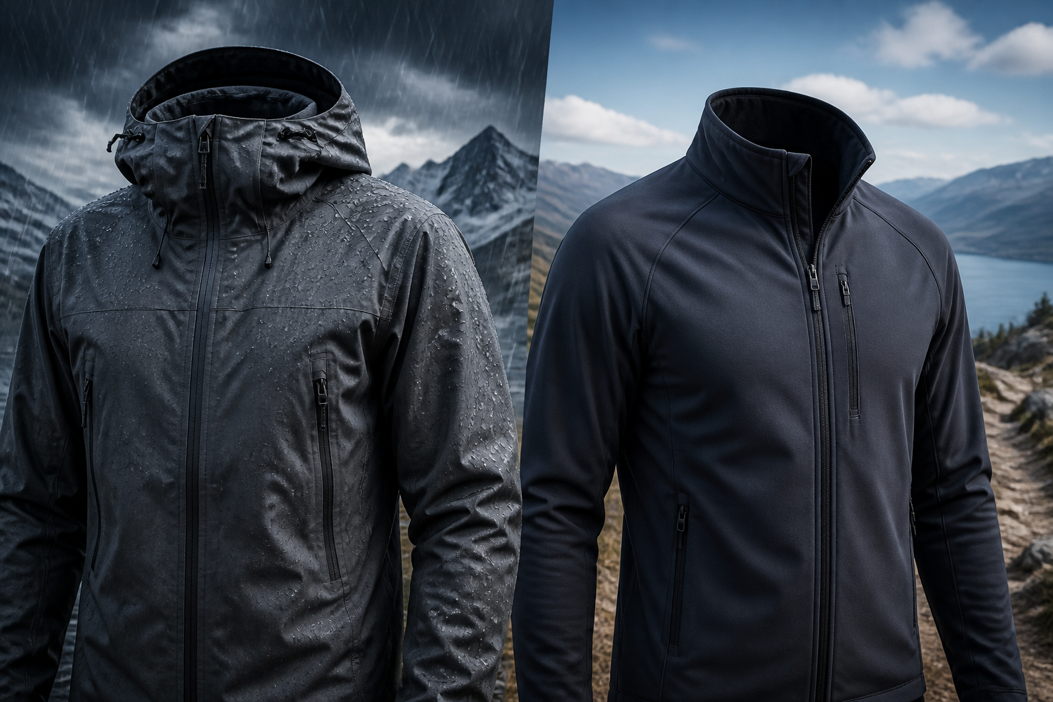 Original editorial cover comparing a rain hardshell and stretch softshell jacket