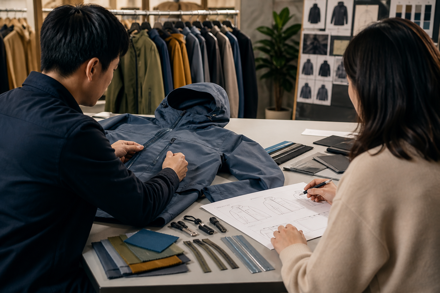 Original editorial cover of buyers reviewing a technical jacket sample