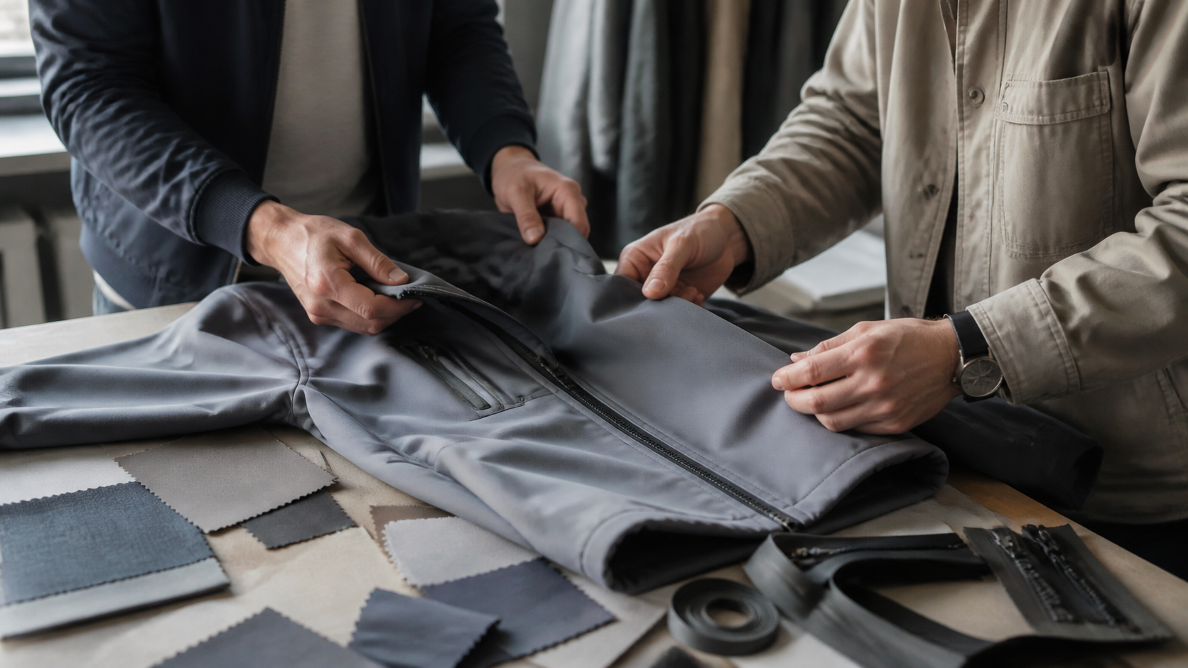 Buyers reviewing a technical jacket sample, fabric and component options