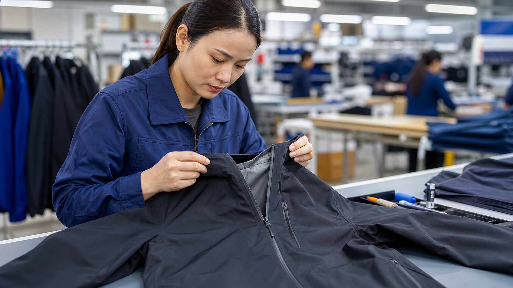 Quality specialist reviewing outerwear construction in a production environment