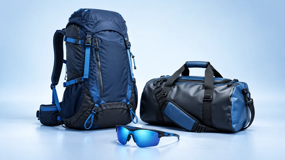 Unbranded technical backpack, waterproof duffel and sports sunglasses product group