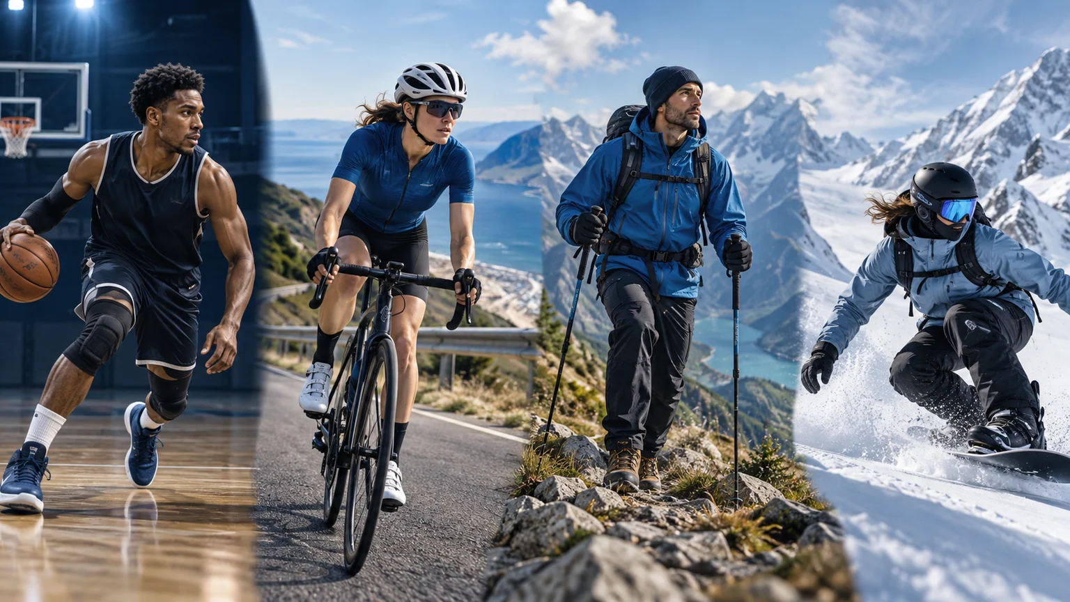 Unbranded editorial image showing athletes playing basketball, cycling, hiking and snowboarding