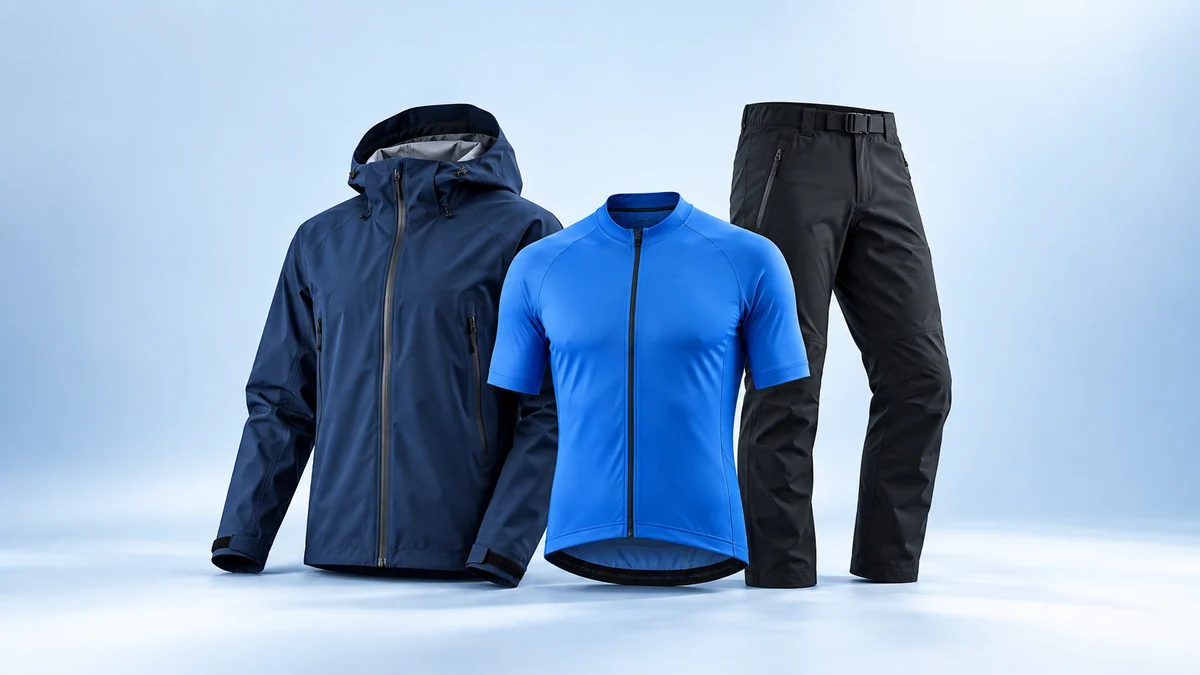 Unbranded shell jacket, cycling jersey and technical pants product group